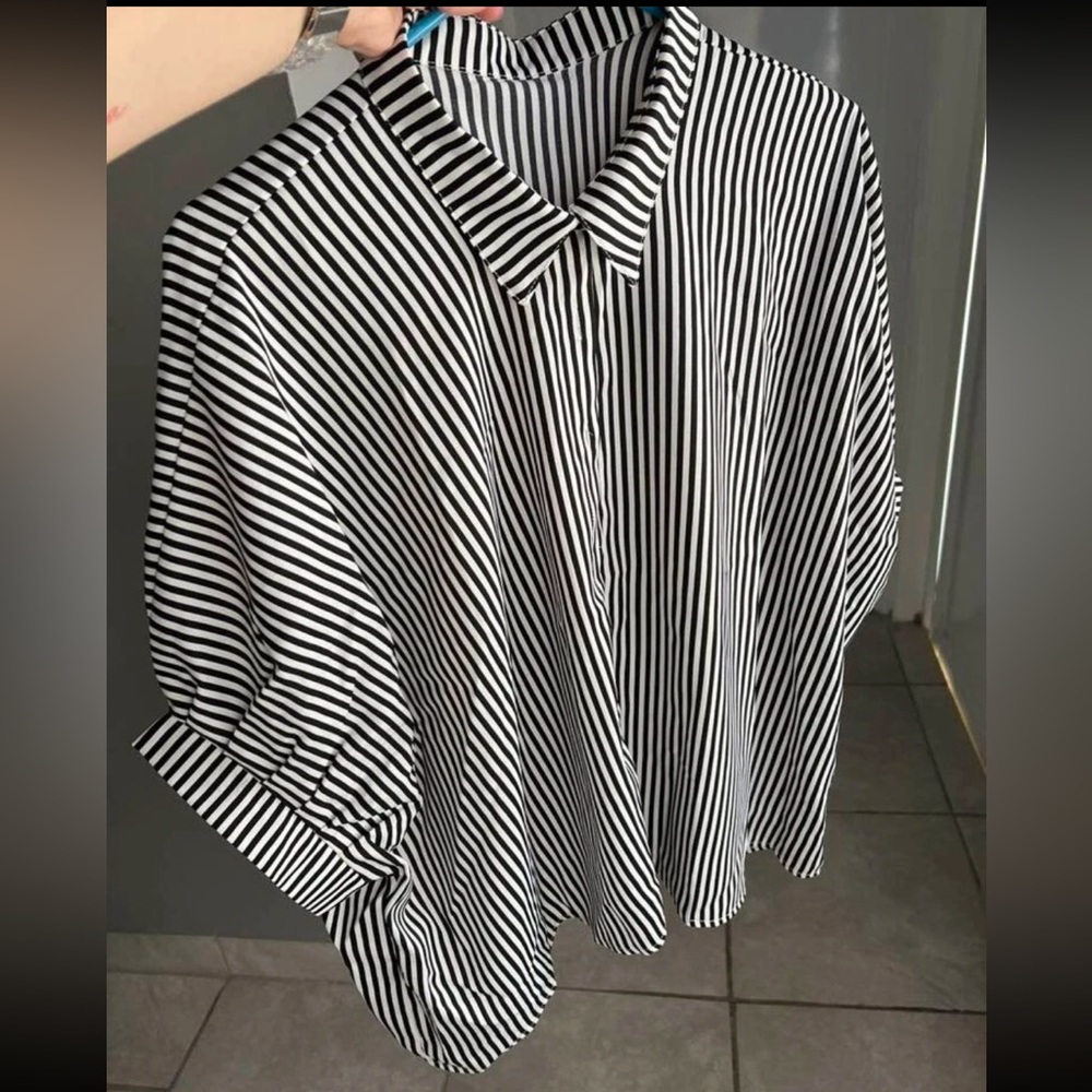 Classic Oversized Loose Fit Stripe Batwing Sleeve Button Down Shirt Top - Picture 5 of 14